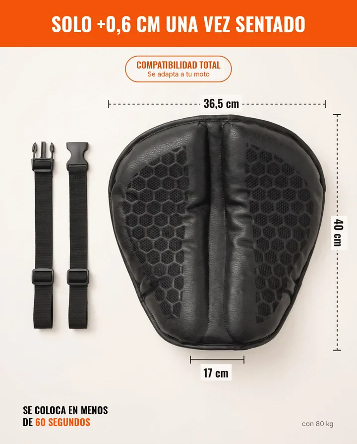 Medidas: 40 cm × 36,5 cm × 17 cm. Solo +0,6 cm una vez sentado, con 80 kg