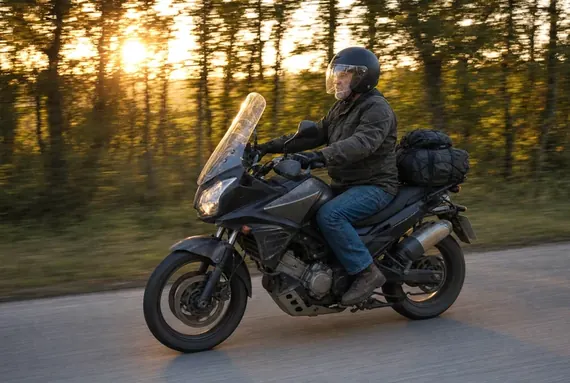 Motero en una touring cargada, carretera larga al atardecer